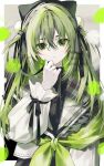  1girl animal_ears animal_hat black_ribbon bow dress fingernails green_bow green_eyes green_hair green_nails green_theme hair_between_eyes hair_ribbon hand_on_own_face hand_up hat highres long_hair long_sleeves looking_at_viewer original oshio_(dayo) puffy_long_sleeves puffy_sleeves ribbon solo two_side_up upper_body 