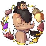  1boy absurdres bara beard beard_over_mouth bread briefs brown_hair bulge cropped_legs dungeon_meshi dwarf egg_(food) eggplant facial_hair food from_side frying_pan highres holding holding_frying_pan loaf_of_bread long_beard looking_at_viewer looking_to_the_side lupin_barnabi male_focus male_underwear meat merchandise_available muscular muscular_male mushroom pectorals senshi_(dungeon_meshi) sidepec solo standing thick_eyebrows thick_mustache thighs topless_male underwear very_long_beard 