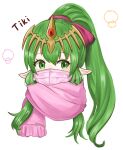  1girl character_name commentary_request eyelashes fire_emblem fire_emblem:_mystery_of_the_emblem green_eyes green_hair high_ponytail highres long_hair mask mouth_mask otokajife pink_scarf pointy_ears scarf simple_background solo tiara tiki_(fire_emblem) tiki_(young)_(fire_emblem) upper_body white_background 