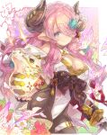  1girl black_pantyhose blue_eyes breasts bug butterfly cherry_blossoms chinese_zodiac cleavage cleavage_cutout clothing_cutout cowboy_shot detached_sleeves dragon flower glowing_butterfly granblue_fantasy hair_over_one_eye haku_(sabosoda) highres holding holding_sword holding_weapon horns katana large_breasts leotard narmaya_(granblue_fantasy) pantyhose pink_hair solo sparkle sword thigh_strap weapon white_leotard year_of_the_dragon 