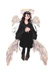  ahoge androgynous angel angel_wings black_hair blood copyright_request full_body gender_request halo highres long_hair midair multiple_wings nosebleed slit_throat solo torpich very_long_hair wings 