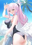  1girl absurdres bare_shoulders beach black_scrunchie blue_archive blurry blurry_background blush breasts cloud cloudy_sky feathered_wings hair_ornament hair_scrunchie halo highres innertube large_breasts long_hair looking_at_viewer low_wings mika_(blue_archive) one-piece_swimsuit pink_hair pink_halo ponytail scrunchie sky smile solo swim_ring swimsuit white_wings wings yana_mori yellow_eyes 