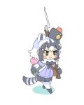  1girl animal_ears backpack bag bayonet black_footwear black_gloves black_hair black_skirt blue_hair blush boots brown_eyes chibi closed_mouth commentary_request common_raccoon_(kemono_friends) fur_collar gloves gun hat holding holding_gun holding_weapon jacket jibakurei_(elite_unchi) kemono_friends looking_ahead lowres military_hat mini_shako_cap multicolored_hair over_shoulder pantyhose puffy_short_sleeves puffy_sleeves purple_jacket raccoon_ears raccoon_girl raccoon_tail rifle short_hair short_sleeves simple_background skirt smile solo tail tilted_headwear walking weapon weapon_over_shoulder white_background white_hair white_pantyhose 