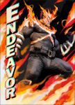  1boy bara belt blue_bodysuit blue_eyes bodysuit boku_no_hero_academia bulge character_name covered_nipples cowboy_shot endeavor_(boku_no_hero_academia) fiery_hair fire from_below frown large_pectorals looking_ahead male_focus mature_male muscular muscular_male pectorals profile pyrokinesis realistic short_hair solo spiked_hair strongman_waist superhero_costume thick_thighs thighs tsurime yueliang_lian_(1570050215) 