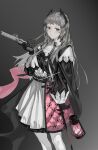  1girl absurdres animal_ears arknights artist_name black_cape cape closed_mouth cross cross_facial_mark dress expressionless facial_mark gradient_background grey_background grey_hair gun highres holding holding_lantern holding_weapon irene_(arknights) lantern long_hair looking_at_viewer pantyhose pink_dress sheath sheathed signature solo standing sword two-tone_dress v.ia weapon white_dress white_pantyhose 