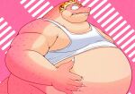 2024 5_fingers anthro belly big_belly biped clothing crocodile crocodilian crocodine crocodylid dragon_quest dragon_quest:_the_adventure_of_dai fingers kemono male marumu_5656 obese obese_male overweight overweight_male pink_body reptile scalie shirt simple_background solo square_enix topwear