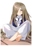  1girl absurdres barefoot blush bow brown_eyes brown_hair chashuwu chinese_commentary commentary_request dress hair_over_one_eye highres long_bangs long_hair on_floor sense_(sousou_no_frieren) sitting soles solo sousou_no_frieren toes very_long_hair white_bow white_dress 