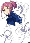  1girl adjusting_hair arched_bangs arrow_(symbol) blue_shirt breasts collared_shirt eyelashes facing_viewer grin hair_ornament hairclip highres lacey_(pokemon) multiple_views ora_(oraora_oekaki) partially_colored pokemon pokemon_sv ponytail popped_collar shirt smile teeth white_background 