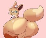  anthro balls big_butt butt clothing eevee generation_1_pokemon genitals hat headgear headwear hi_res hoodie looking_at_viewer male maxxi_(character) maxxivee nintendo perineum pokemon pokemon_(species) presenting raised_tail simple_background solo tail thick_thighs topwear white_clothing white_hoodie white_topwear 