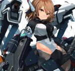  1girl alice_gear_aegis blush breasts brown_eyes brown_hair gloves green_eyes headgear highres large_breasts leotard leotard_under_clothes long_sleeves looking_at_viewer mecha_musume medium_hair onaga_akino open_mouth short_hair simple_background smile solo sunday_aki thighhighs white_leotard 
