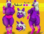  anthro belly big_belly big_breasts breasts canid canine canis expressions eyewear female glasses hair hi_res mammal model_sheet pink_eyes purple_body solo tail white_hair wolf zak_hitsuji 