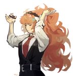  07zyo 1girl arms_up belt black_belt black_pants black_vest closed_eyes closed_mouth collared_shirt fluffy_hair high_ponytail highres ishmael_(project_moon) limbus_company long_hair long_sleeves necktie orange_hair pants project_moon red_necktie shirt solo very_long_hair vest white_shirt 