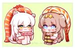  2girls :3 ahoge animal_ear_fluff animal_ears barefoot blue_eyes blush bow brown_eyes brown_hair butter_(trickcal) cat_ears cat_girl cat_tail chibi dog_ears dog_girl dog_tail fang food food_on_head hair_bow highres knees_to_chest komi_(trickcal) long_hair multiple_girls object_on_head open_mouth pillow pink_shorts ribbon shirt shorts sitting smile striped_clothes striped_thighhighs tail tane1379 thighhighs trickcal white_hair white_shirt yellow_shirt 