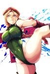  1girl beret blonde_hair blue_eyes braid breasts cammy_white chest_harness commentary_request covered_navel gloves green_leotard harness hat highleg highleg_leotard large_breasts leg_up leotard long_hair low_twintails red_gloves red_hat rurru_(pixiv86629655) scar scar_on_face solo standing standing_on_one_leg street_fighter turtleneck turtleneck_leotard twin_braids twintails 