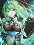  1girl armor breasts chest_jewel cleavage core_crystal_(xenoblade) dangle_earrings drop_earrings earrings gem greek_text green_eyes green_hair hair_ornament headpiece highres jewelry large_breasts long_hair looking_at_viewer neon_trim pneuma_(xenoblade) ponytail solo swept_bangs tiara ui_frara very_long_hair xenoblade_chronicles_(series) xenoblade_chronicles_2 
