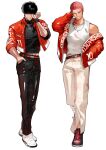  2boys black_eyes black_hair full_body hand_in_pocket highres jacket jewelry looking_at_viewer male_focus multiple_boys nbss_sd necklace open_clothes open_jacket red_hair rukawa_kaede sakuragi_hanamichi short_hair simple_background single_off_shoulder slam_dunk_(series) smile white_background 