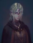  1girl absurdres blindfold blonde_hair blue_background braid cape closed_mouth covered_eyes dark_souls_(series) dark_souls_iii dress facing_viewer fire_keeper highres jewelry keibleh long_hair necklace signature solo upper_body 