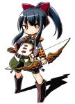  1girl arrow_(symbol) black_hair boots bow bow_(weapon) brown_footwear chibi closed_mouth commentary_request full_body goggles goggles_around_neck green_shorts hair_bow holding holding_bow_(weapon) holding_weapon knee_boots long_hair long_sleeves looking_at_viewer naga_u orange_eyes ponytail puffy_shorts quiver red_bow sekaiju_no_meikyuu shadow shirt shorts sidelocks simple_background sniper_(sekaiju) sniper_2_(sekaiju) solo standing weapon white_background white_shirt 