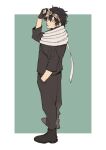  1boy bags_under_eyes black_footwear black_hair black_pants black_shirt blue_background boku_no_hero_academia border eraser_head_(boku_no_hero_academia) fingerless_gloves from_side full_body gloves goggles goggles_on_head grey_scarf hand_in_pocket long_sleeves looking_back male_focus pants rnuyvm scarf shirt short_hair solo standing tongue tongue_out white_border 