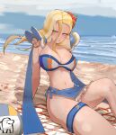  1girl among_us azz0422 ball beach beach_towel beach_volleyball bikini blonde_hair blue_bikini blue_eyes blue_sarong blue_sky blush bouncing_breasts breasts cleavage cloud cloudy_sky commentary english_commentary estelle_(omega_strikers) eyelashes flower hair_flower hair_ornament highres horizon knee_up large_breasts long_hair looking_at_viewer motion_lines navel omega_strikers outdoors parted_lips sarong sitting sky solo stomach sweat swimsuit towel water waves wet 