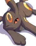  animal_ears animal_focus black_eyes black_fur colored_sclera facial_mark floameya fluffy forehead_mark highres looking_at_viewer lying no_humans one_eye_closed pokemon pokemon_(creature) red_sclera shadow simple_background solo tail two-tone_fur umbreon white_background 