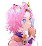  1girl :t blue_eyes closed_mouth diona_(genshin_impact) eating food food_on_face from_side genshin_impact highres keibleh no_headwear pink_hair portrait short_hair signature simple_background solo taiyaki topknot wagashi white_background 