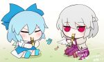  2girls blue_bow blue_dress blue_hair bow chibi cirno commission detached_wings dress fumo_(doll) grey_hair hair_bow holding holding_instrument ice ice_wings instrument jacket kishin_sagume light_blush multiple_girls music musical_note pixiv_commission playing_instrument purple_dress red_eyes rei_(tonbo0430) short_hair single_wing smile suit_jacket touhou white_wings wings 