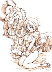  1girl animal breasts brown cleavage craft_lawrence dog enekk hisahiko holo kneeling large_breasts monochrome nora_arento sheep skirt skirt_pull skirt_tug spice_and_wolf wolf 