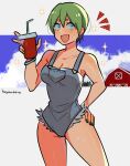  1girl absurdres artist_name ass_visible_through_thighs barn blue_eyes blue_overalls breasts cleavage commentary contrapposto cup disposable_cup drinking_straw english_commentary foo_fighters_(jojo) green_hair green_nails hand_on_own_hip highres huyandere jojo_no_kimyou_na_bouken medium_breasts open_mouth overalls short_eyebrows short_hair signature smile solo sparkling_aura stone_ocean sweat torn_clothes 