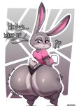 anthro big_butt breasts buckteeth butt clothing container cup disney english_text female hi_res huge_butt judy_hopps lagomorph leporid mammal panties purple_eyes rabbit rear_view scut_tail shirt short_tail solo tail teeth text thedeathcrow05 thick_thighs topwear underwear zootopia