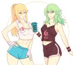  2girls bandaged_hand bandages bare_arms bare_shoulders black_shorts black_tank_top blonde_hair blue_eyes blue_shorts byleth_(female)_(fire_emblem) byleth_(fire_emblem) commentary cowboy_shot cup fire_emblem fire_emblem:_three_houses green_eyes green_hair highres holding holding_cup long_hair looking_at_viewer metroid mole multiple_girls ponytail samus_aran short_shorts shorts simple_background standing super_smash_bros. tank_top truejekart very_long_hair white_background 