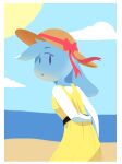 beach bow_ribbon clothing dress female ghost hand_behind_back hat headgear headwear hi_res hitsuji humanoid lineless looking_at_viewer riley_(hitsuji) sand simple_background solo spirit sun_hat yellow_clothing yellow_dress