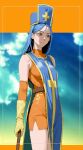  1girl blue_hair blue_hat blue_tabard bodysuit breasts cloud cloudy_sky cross detached_sleeves dragon_quest dragon_quest_iii fingerless_gloves gloves holding holding_staff ishihama_masashi long_hair looking_to_the_side orange_bodysuit priest_(dq3) red_eyes sideboob sky solo staff standing tabard turtleneck turtleneck_bodysuit yellow_gloves 
