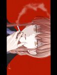  1girl black_jacket braid braided_ponytail chainsaw_man cigarette collared_shirt film_grain highres holding holding_cigarette jacket long_bangs long_hair looking_at_viewer makima_(chainsaw_man) minato pillarboxed portrait red_background red_hair ringed_eyes shirt sideways signature simple_background smoking solo white_shirt yellow_eyes 