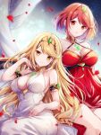  2girls alternate_costume armlet bare_shoulders blonde_hair breasts chest_jewel cleavage collarbone commentary_request core_crystal_(xenoblade) dress earrings falling_petals formal highres jewelry large_breasts long_hair looking_at_viewer multiple_girls mythra_(xenoblade) petals pyra_(xenoblade) red_dress red_eyes red_hair short_hair sitting smile strapless strapless_dress swept_bangs tiara ui_frara white_dress xenoblade_chronicles_(series) xenoblade_chronicles_2 yellow_eyes 