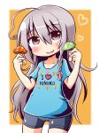  1girl ahoge bike_shorts blue_shirt blush brown_eyes clothes_writing commentary_request cowboy_shot food food_print grey_hair grey_shorts hair_between_eyes hands_up holding holding_food hoshi_syoko i_heart... idolmaster idolmaster_cinderella_girls long_hair mushroom mushroom_print naga_u orange_background parted_lips print_shirt romaji_text shirt short_sleeves shorts smile solo two-tone_background very_long_hair white_background 