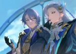  2boys armor ascot asymmetrical_bangs black_gloves black_vest blue_coat blue_eyeliner blue_hair blue_sky blurry blurry_background brooch buttons cloud coat day eyeliner frilled_sleeves frills genshin_impact gloves gold_trim hair_between_eyes hair_ornament hair_over_shoulder half_gloves hand_up highres jacket japanese_armor japanese_clothes jewelry kamisato_ayato kimono lapels long_hair long_sleeves looking_at_another looking_to_the_side makeup male_focus medium_hair mole mole_under_mouth mountainous_horizon multicolored_hair multiple_boys neuvillette_(genshin_impact) open_clothes open_jacket outdoors parted_bangs parted_lips pointy_ears purple_eyes purple_kimono rope sachico66 shoulder_armor sidelocks single_sode sky sleeve_cuffs sode streaked_hair swept_bangs tassel upper_body vest white_ascot white_hair white_jacket 