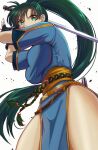  1girl absurdres blue_dress breasts dress fingerless_gloves fire_emblem fire_emblem:_the_blazing_blade fire_emblem_fates gloves green_eyes green_hair high_ponytail highres holding holding_sword holding_weapon large_breasts long_hair lyn_(fire_emblem) pelvic_curtain ponytail rope_belt side_slit sword ushiroki weapon 