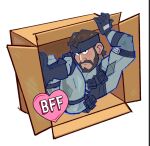  1boy ass bara beard blush box brown_hair cardboard_box censored deformed emoji emoji_censor facial_hair full_beard full_body gloves headband highres htoast_art in_box in_container looking_at_viewer male_focus mature_male metal_gear_(series) metal_gear_solid muscular muscular_male mustache sanpaku short_hair sitting solid_snake solo thighs tsurime 