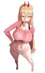  1girl absurdres areola_slip blonde_hair blush breasts chainsaw_man collarbone cropped_shirt cross-shaped_pupils demon_horns highres horns large_breasts long_hair long_hair_between_eyes long_sleeves looking_at_viewer micro_panties navel no_pants panties pink_shirt power_(chainsaw_man) sharp_teeth shirt simple_background smile solo standing stomach straight_hair symbol-shaped_pupils teeth underboob underwear very_long_hair white_background white_panties yzr_(yzr99) 