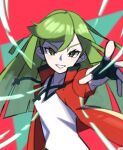  1girl ace_trainer_(pokemon) black_gloves commentary_request fingerless_gloves gloves green_eyes green_hair grin highres jacket long_hair open_clothes open_jacket ora_(oraora_oekaki) outstretched_arm pink_background pokemon pokemon_oras red_jacket shirt short_sleeves smile solo teeth white_shirt 
