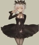  1girl am_isuel black_dress breasts cleavage_cutout clothing_cutout dress head_wreath highres layered_dress lolita_fashion long_sleeves navel_cutout pantyhose rance_(series) short_hair_with_long_locks sidelocks simple_background small_breasts white_hair yononaka 