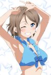  1girl abs armpits arms_up bare_shoulders blush breasts brown_hair highres love_live! love_live!_sunshine!! nagi_mkrnpn one_eye_closed short_hair simple_background smile solo stomach v watanabe_you 