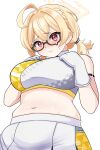  1girl absurdres ahoge black-framed_eyewear blonde_hair blue_archive breasts glasses gloves halo highres kotori_(blue_archive) kotori_(cheer_squad)_(blue_archive) large_breasts looking_at_viewer millennium_cheerleader_outfit_(blue_archive) navel official_alternate_costume plum puroteinaa red_eyes short_twintails skirt smile solo twintails white_gloves white_skirt yellow_halo 