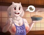 absurd_res anthro apron apron_aside apron_only areola big_breasts blue_apron blue_clothing boss_monster_(undertale) bovid breasts caprine clothing collarbone counter eyelashes female food fur fur_fangs gastropod goat hi_res holding_food holding_fork holding_object holding_pie horn huge_breasts kitchen long_ears looking_ahead mammal mature_anthro mature_female mollusk nipples nude pastry pie pink_areola pink_nipples red_eyes shelf snail solo speech_bubble spotty_the_cheetah standing steam tile tile_wall toriel undertale_(series) wall_(structure) white_body white_fur