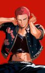  1boy cowboy_shot highres looking_at_viewer male_focus midriff nbss_sd one_eye_closed red_background red_hair sakuragi_hanamichi short_hair simple_background slam_dunk_(series) solo 