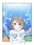  1girl aziazi014 bare_shoulders blush breasts brown_hair commentary_request coral fish hair_ornament heart highres jellyfish love_live! love_live!_sunshine!! short_hair solo tiara watanabe_you water 