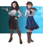  2024 bioshock_(series) bioshock_infinite black_skirt blue_eyes blue_skirt blue_sky border brown_hair burial_at_sea cheshirrr elizabeth_(bioshock_infinite) highres ocean ponytail skirt sky smoking white_border 