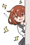  1girl :d blush brown_eyes brown_hair commentary_request fang grey_sailor_collar grey_skirt hair_between_eyes hair_ornament hairclip hands_up highres ikazuchi_(kancolle) kantai_collection lightning_bolt_symbol long_sleeves looking_at_viewer mitya peeking_out pleated_skirt puffy_long_sleeves puffy_sleeves sailor_collar school_uniform serafuku shirt simple_background skirt smile solo translation_request twitter_username white_background white_shirt 
