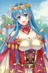  1girl :d bare_shoulders blue_eyes blue_hair blue_sky commentary day dress eirika_(fire_emblem) fire_emblem fire_emblem_heroes head_wreath highres long_hair long_sleeves looking_at_viewer maji_(majibomber) off-shoulder_dress off_shoulder official_alternate_costume open_mouth petals red_dress sky smile solo upper_body very_long_hair 
